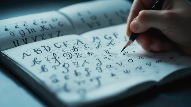 Hand Writing Calligraphy in Notebook with Pencil Closeup