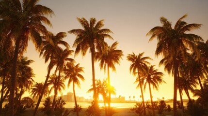 Golden sunlight cascades through tall palm trees at dusk. The tranquil Caribbean beach offers a serene escape, with soft waves lapping at the shore and vibrant colors in the sky