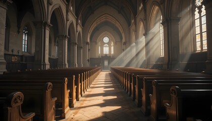 Sunlight beams through a church aisle, filling the sacred space with divine light and peace for worshippers.