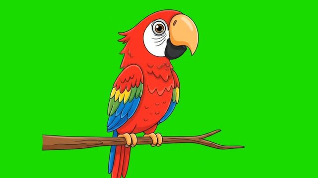 Animated Red Parrot Sitting on a Branch with green screen background, looping animation