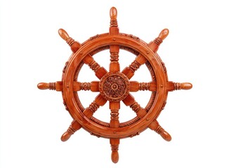 A richly detailed, handcrafted wooden ship's wheel, finished in a warm brown hue, is featured against a plain white background.