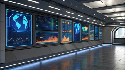 A modern control room with large screens displaying data, graphs, and maps, illuminated by soft ambient lighting.