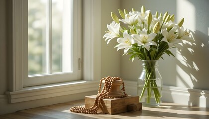 A rosary rests beside lilies on a sunlit windowsill, symbolizing prayer, purity, and devotion to God in Christian life.