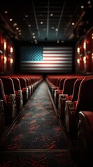 Rows of red seats in a cinema featuring a large American flag backdrop ready for a screening event