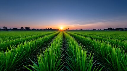 Serene and vibrant rural landscape with a winding path through a lush green field at the golden hour of sunrise or sunset