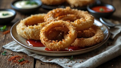 Golden fried onion rings served on a plate with dipping sauces, crispy and delicious.