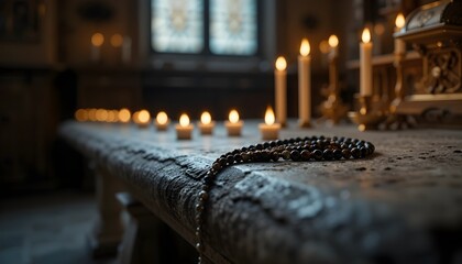 A rosary lies on a church altar surrounded by glowing candles, symbolizing prayer, devotion, and the quiet presence of God in Christian worship.