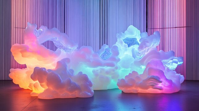 Abstract, colorful, illuminated cloud-like sculptures, soft lighting, pastel hues, modern, art installation.
