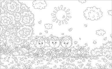 Little girls mushroomers walking with their wicker baskets and gathering mushrooms among grass and fallen leaves in an autumn forest, black and white vector cartoon illustration for a coloring book