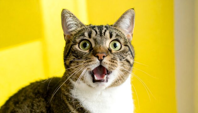 A tabby cat with wide-eyed surprise