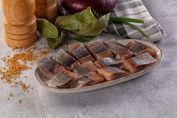 Salted herring fillet pieses snack