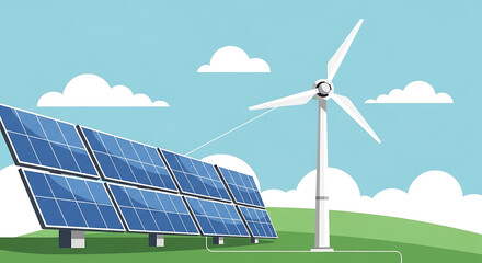 A cartoon illustration featuring solar panels and a wind turbine on a green field under a blue sky with white clouds, representing renewable energy.