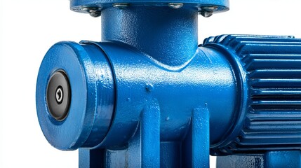 Close-up of a blue industrial pump showcasing its mechanical details and precise engineering.