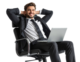  Happy Businessman Leaning Back with Laptop, Relaxed Pose, Transparent PNG