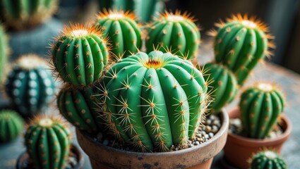 Obraz premium Cactus plants in clay pots with multiple green cacti and spines, indoor garden or nursery setting.