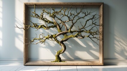 A withered tree inside a wooden frame against a wall with shadows. Artistic representation of nature and frames. Concept of art, nature, and framing. The idea of preserved or artistic nature.