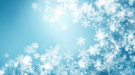 雪の結晶が舞う、きらめく青色の冬背景