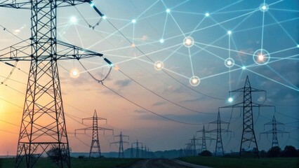 A sunset view of power lines with a digital network overlay, symbolizing the connection between energy infrastructure and technology.