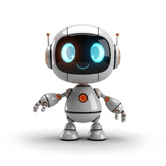 A cute white robot with blue glowing eyes and orange accents on a white background