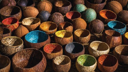 Array of Coconut Shells and Bowls with Colored Interiors