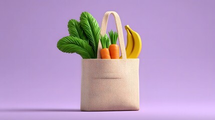 An assortment of fresh, organic vegetables and fruit, including lettuce, carrots, and a banana, neatly arranged in a reusable canvas shopping bag against a simple purple background