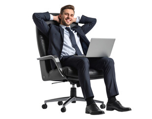  Happy Businessman Leaning Back with Laptop, Relaxed Pose, Transparent PNG 