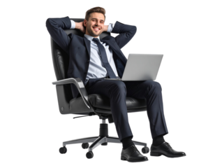  Happy Businessman Leaning Back with Laptop, Relaxed Pose, Transparent PNG 