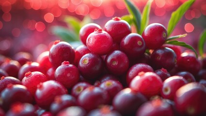 Fresh cranberries clustered together with green leaves, vibrant red color, vivid, close-up shot, holiday, fresh fruit, healthy, winter, bokeh background.