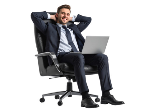  Happy Businessman Leaning Back with Laptop, Relaxed Pose, Transparent PNG 