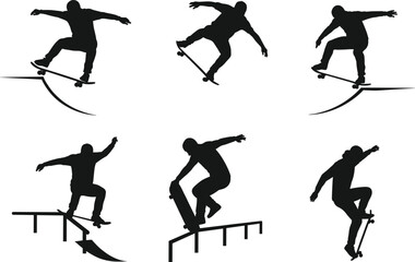 Silhouette of Skateboarders Performing Tricks on Ramps and Rails, Extreme Urban Sports Vector Illustration for Street Skating Design