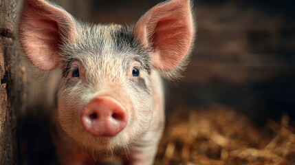 Fototapeta premium Cute piglet exploring a rustic farm environment with straw in the background during daylight