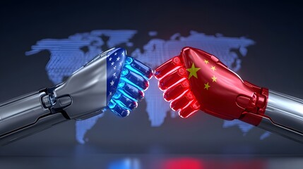 Advanced robotic hands representing the USA and China shake in a symbolic gesture of international and technological progress amid a backdrop of the global map.