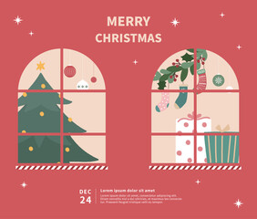 Christmas illustration card template with christmas tree in the house.