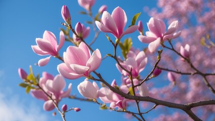 Pink magnolia blossoms on a tree branch against a blue sky with a blurred background of additional blossoms.