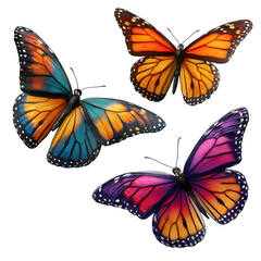 Fototapeta premium Colorful butterflies' wings show detail on a black isolated surface, perfect for education, product staging, and digital art.