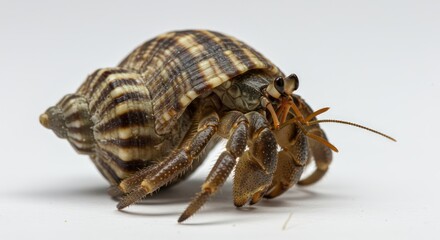 Hermit crab with striped shell on white background, close-up.