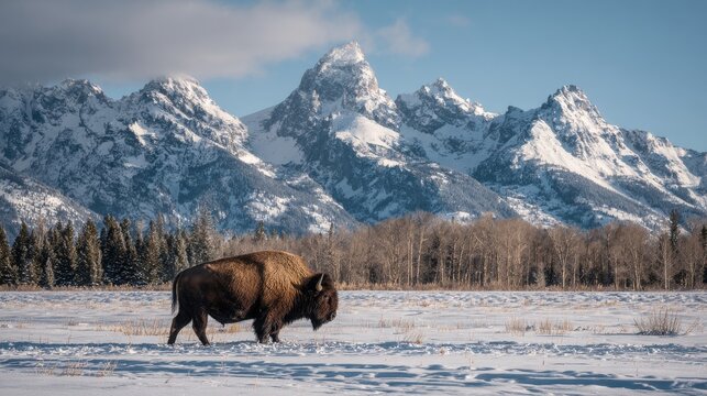 Bison in Snowy Field with Mountains - Powered by Adobe