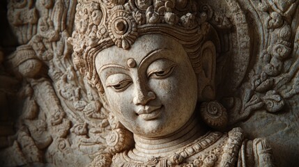 Detailed close-up of a serene, carved stone deity face, adorned with intricate headdress and decorative elements.