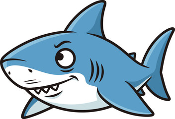 A vibrant pixel art illustration depicts a cartoon great white shark, rendered in shades of blue and white
