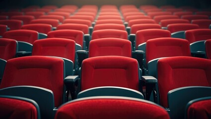Fototapeta premium Rows of red theater seats arranged in an auditorium or cinema setting.