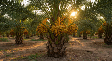 Fototapeta premium Date palm plantation with ripe yellow fruit at sunset.
