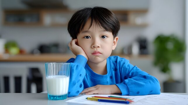 A young boy sits at the kitchen table with a contemplative expression, lost in thought as he works on his studies or homework.
