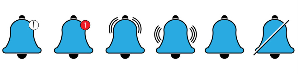 Notification bell icon set. Message notification bell icon set in black, blue, yellow and stoke. Notification bell symbols in white background. Bell, icons, Notification, symbol, vector.