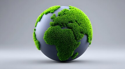 A detailed 3D rendering of the Earth covered in a vibrant green layer of moss, symbolizing sustainability and environmental protection