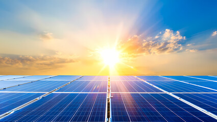 Solar panels reflecting the suns rays during a beautiful sunset, symbolizing renewable energy and sustainability