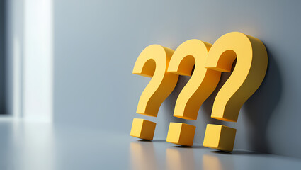 Three yellow question marks leaning against a grey wall in a modern interior