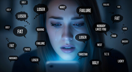 Young woman crying while surrounded by negative cyberbullying words, symbolic photo for digital safety, psychology, and awareness projects.
