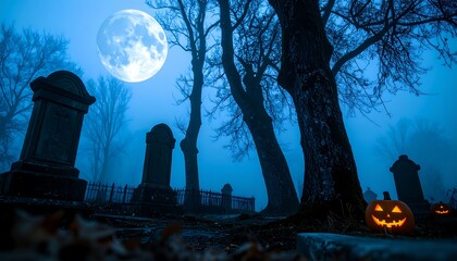 Halloween graveyard at night