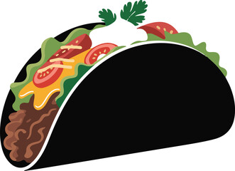 Delicious taco filled with meat and fresh toppings on white background