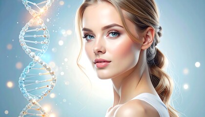 Beautiful woman with glowing skin, DNA overlay